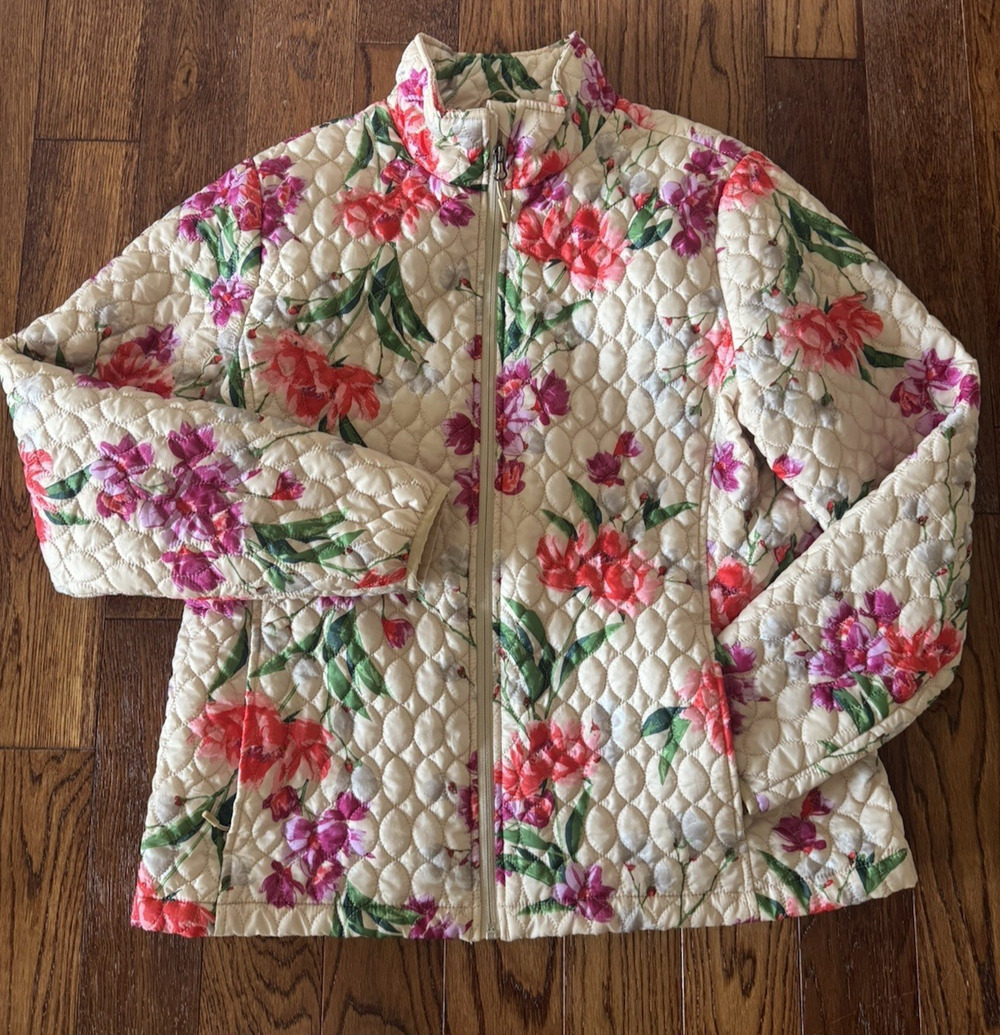 Lands' End Floral Quilted PrimaLoft Jacket Womens L 14-16 Cream Floral Botanical
